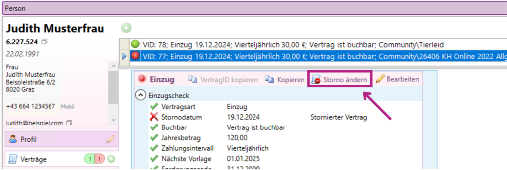 Screenshot aus dem Personenfenster im Fundraising Studio