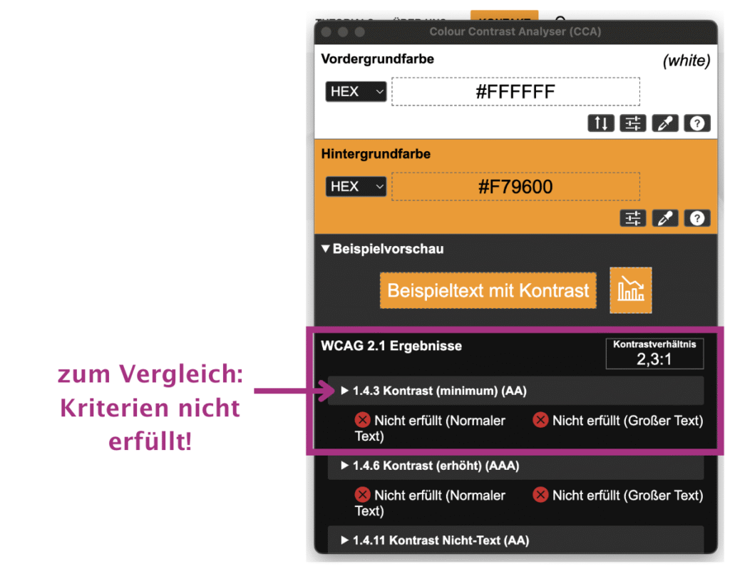 negatives beispiel füt einen test mit dem colour contrast analyser