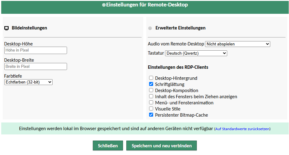 empfohlene Einstellungen für Remote-Desktop