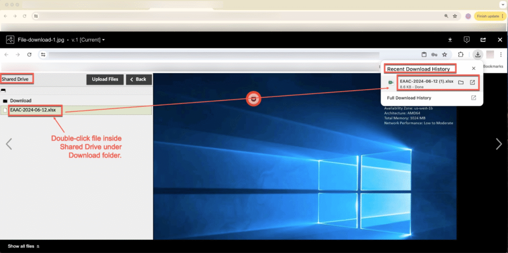 heruntergeladene Datei wird in der Download-History angezeigt