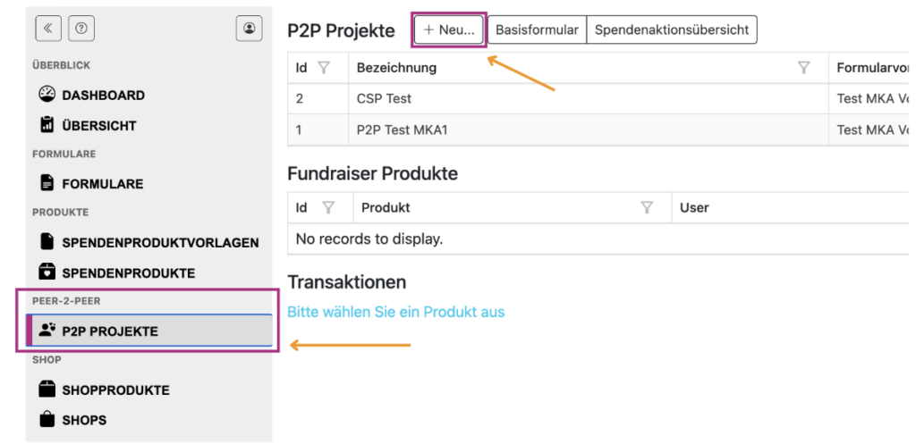 Neues Peer2Peer-Projekt anlegen