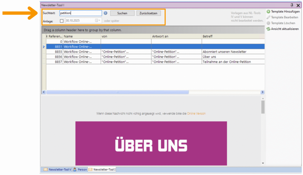 Suchfunktion im Newsletter Tool 1