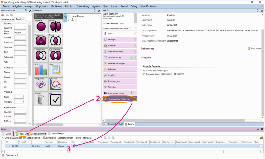 Fenster Person, Personensuche, Listen, Mengen sowie Newsletter-Tool-V