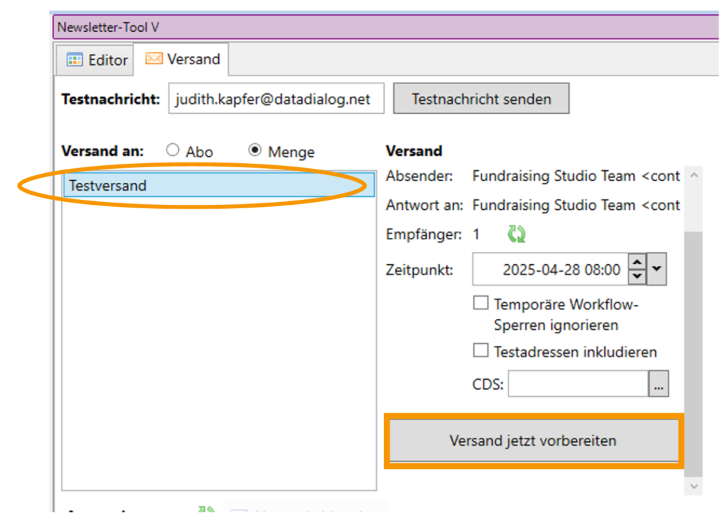 Versand an Menge mit Button Versand jetzt vorbereiten