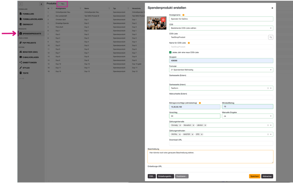 beispielhaft ausgefülltes spendenprodukt