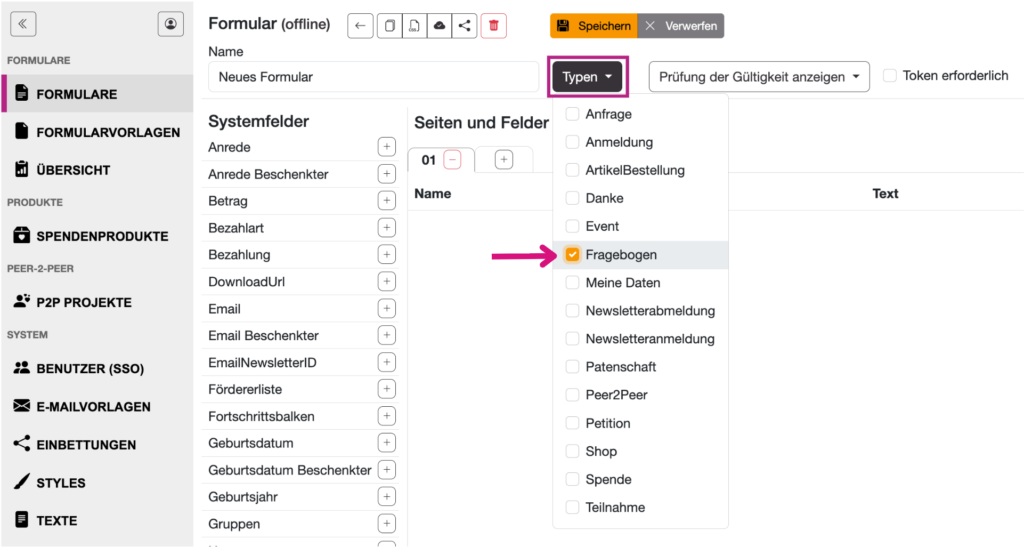 Formulartyp Fragebogen auswählen