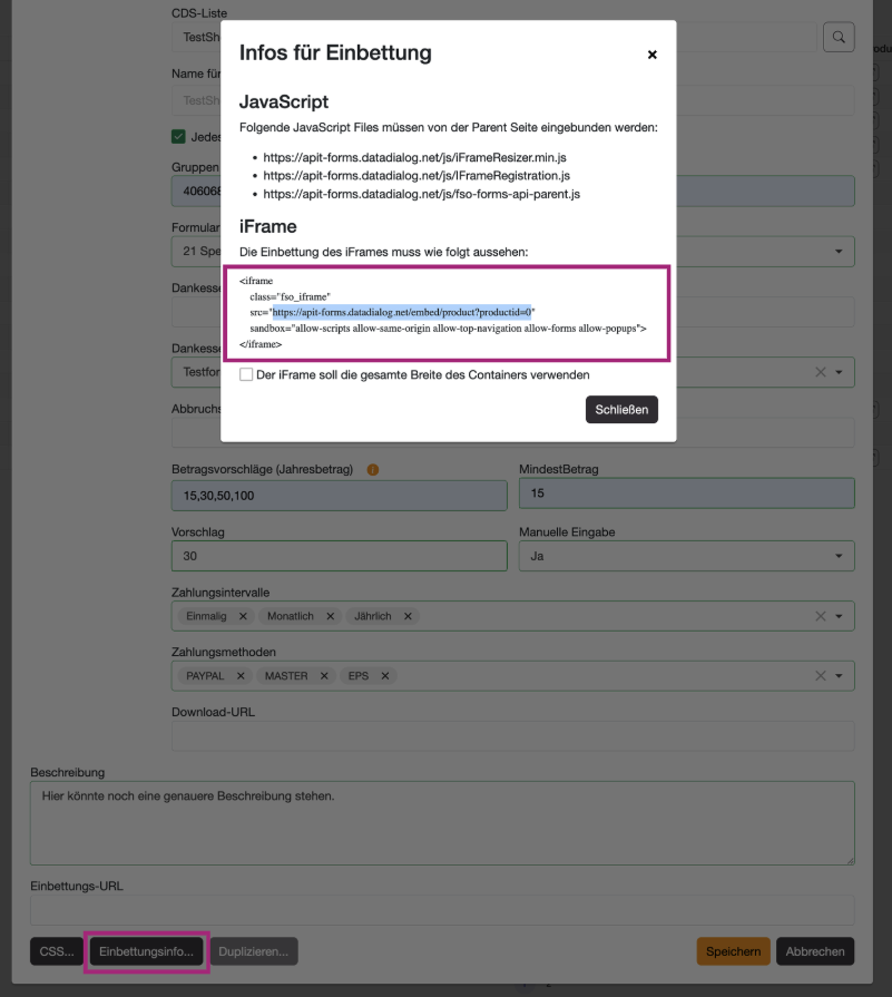 iFrame Einbettungsinfo