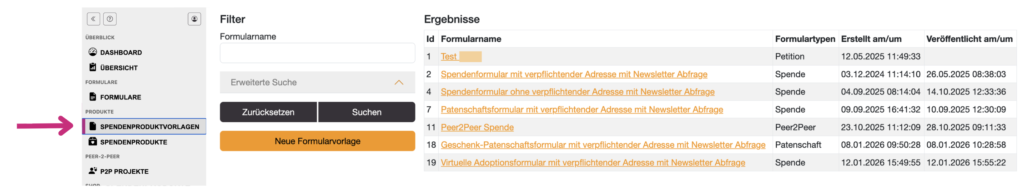übersicht spendenproduktvorlagen