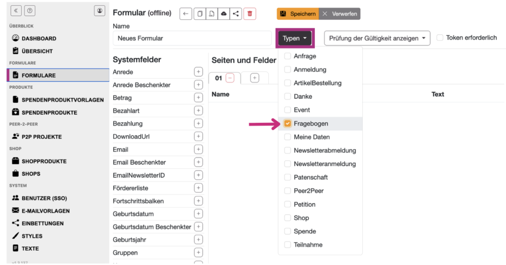 Formulartyp Fragebogen auswählen