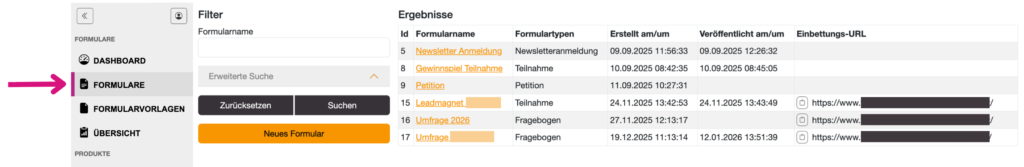 übersicht formulare