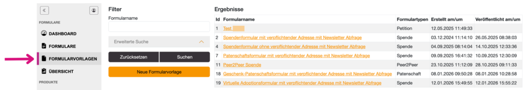 übersicht formularvorlagen