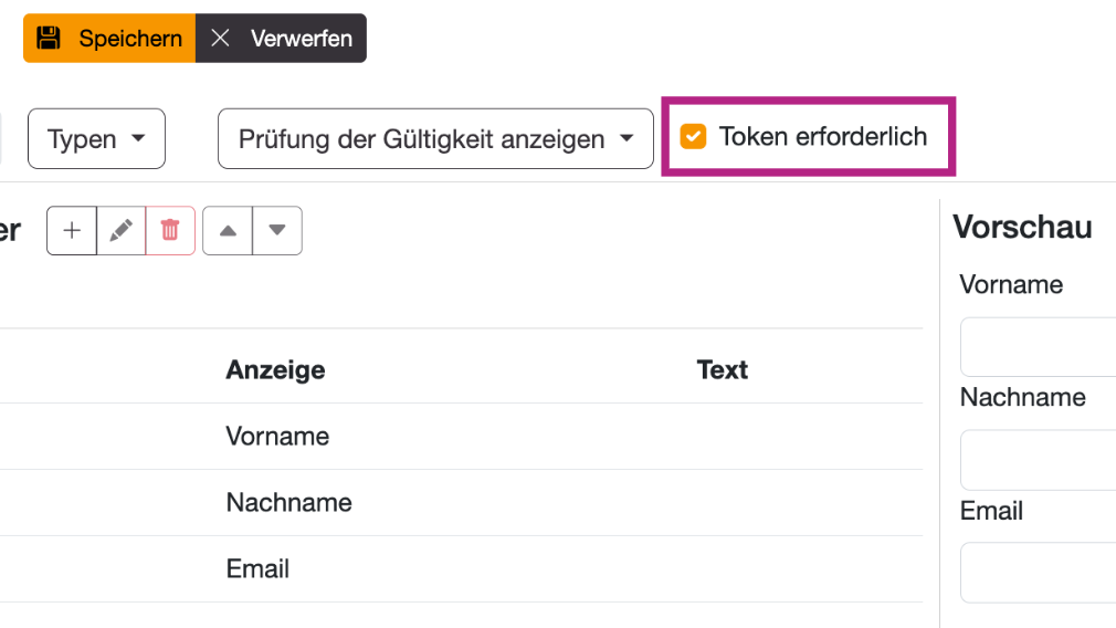 feld token erforderlich aktiviert