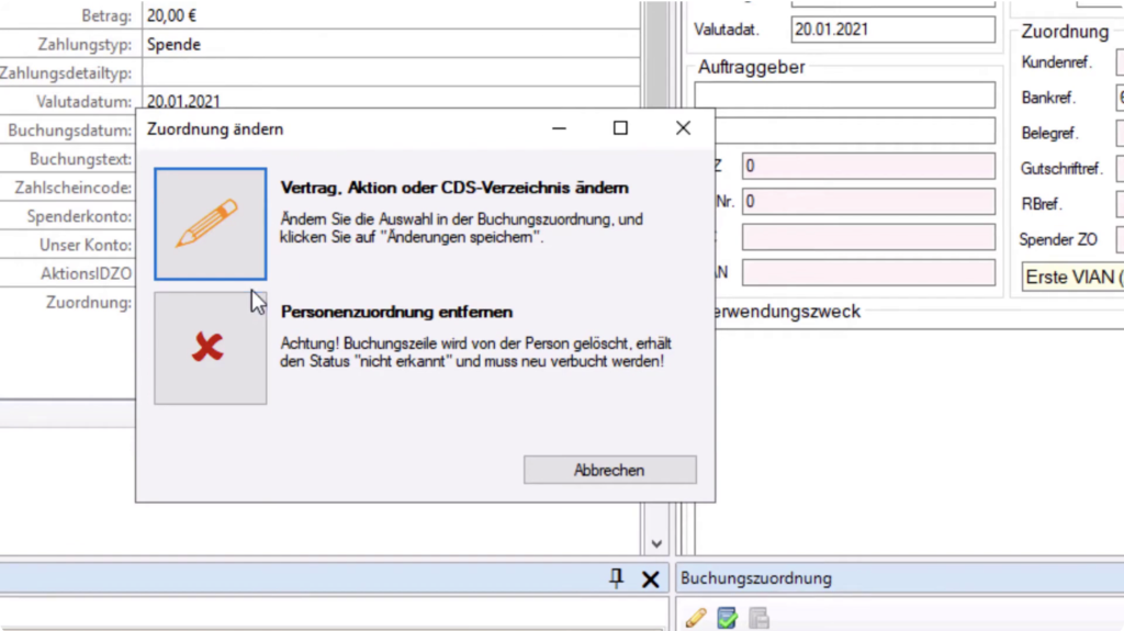 Punkt „1. Vertrag, Aktion oder CDS-Verzeichnis ändern“ auswählen
