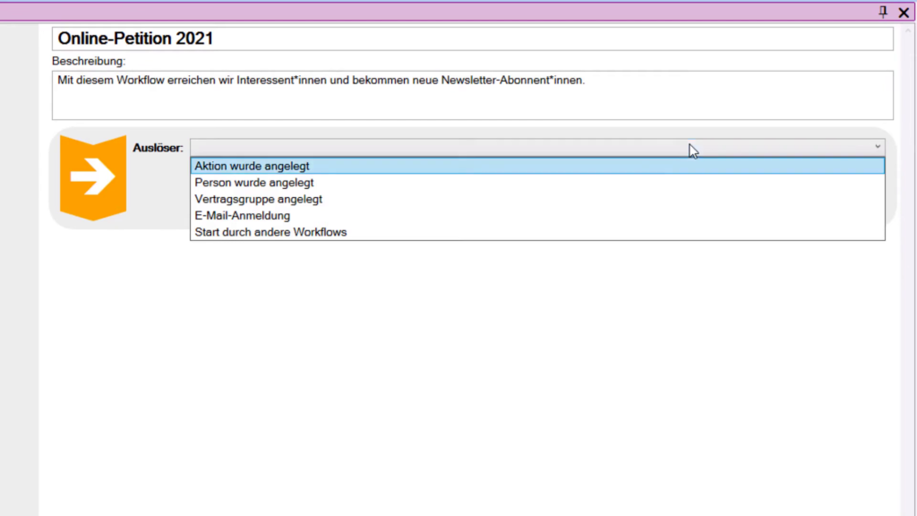 Titel, Beschreibung und Auslöser des Workflows festlegen