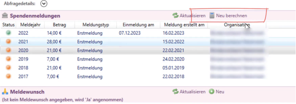 Manuell zu meldende Spenden erkennen und „Neu berechnen“ verwenden