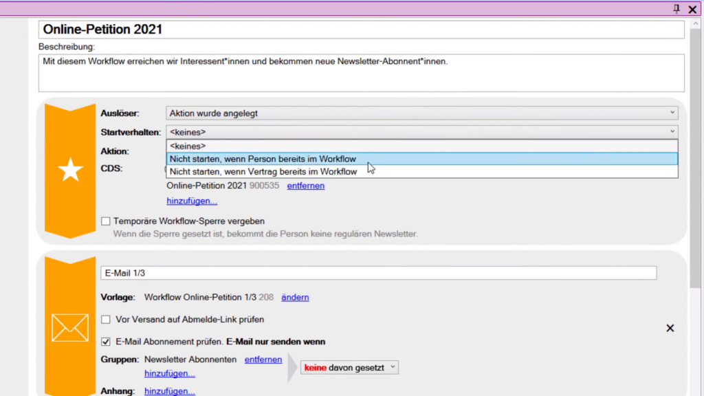 Startverhalten des Workflows definieren