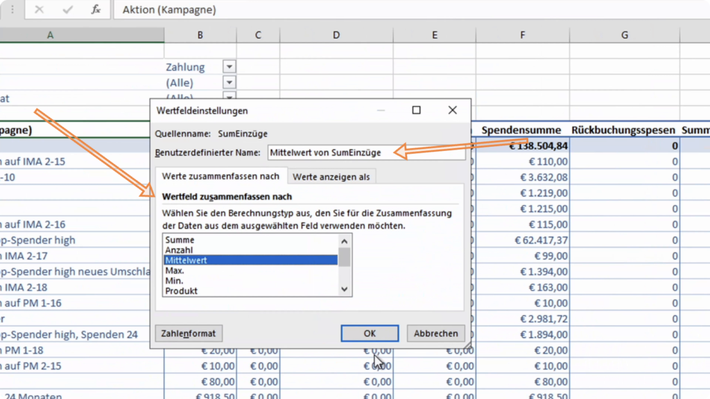 Wertfeldeinstellungen
