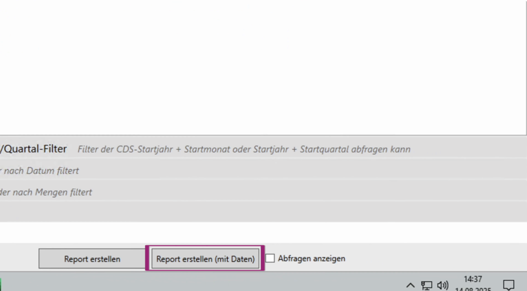 Option „Mit Daten“ beim Report-Erstellen nutzen