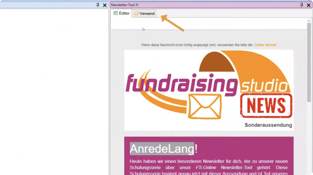 Im geöffneten Newsletter zu Versand wechseln