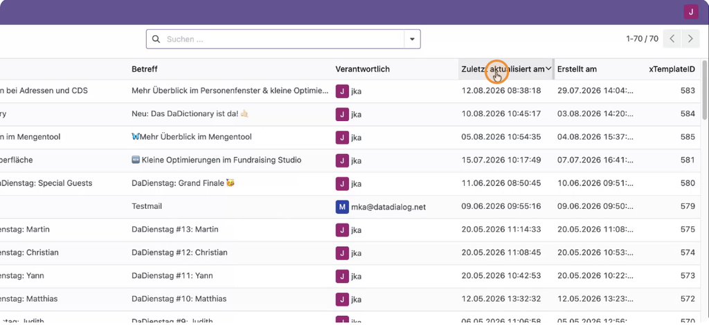 Newsletter-Liste sortieren